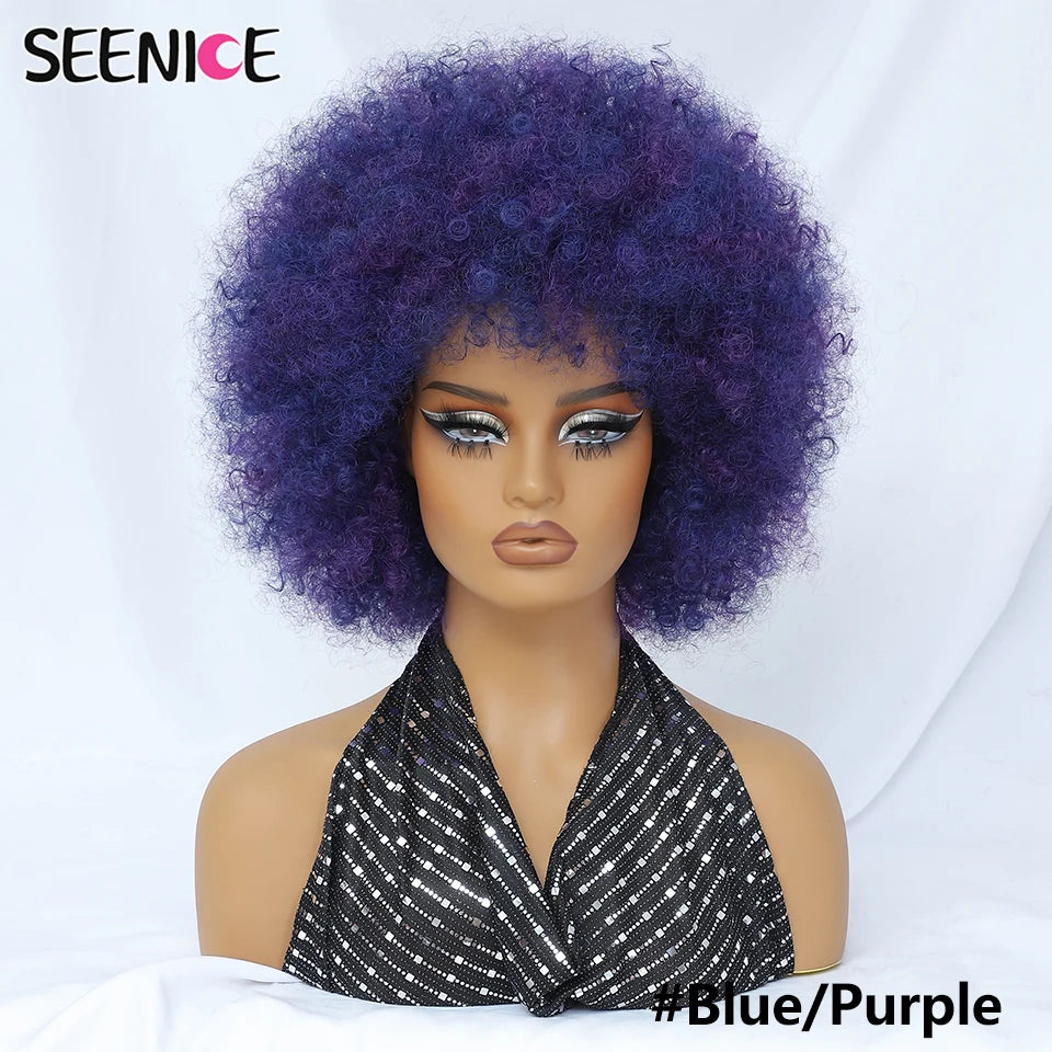 Short Afro Wigs for Black Women Blonde 10" Afro Curly Wig With Bangs 70s Bouncy Natural Synthetic Female Wigs for Party Cosplay