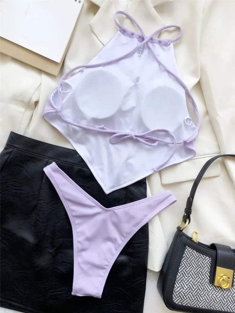 Sexy Halter Bandana Bikinis Set Swimwear Women Thong Swimsuits Backless Bathing Suit Bikini 2024 Mujer Swim Wear Biquini Summer