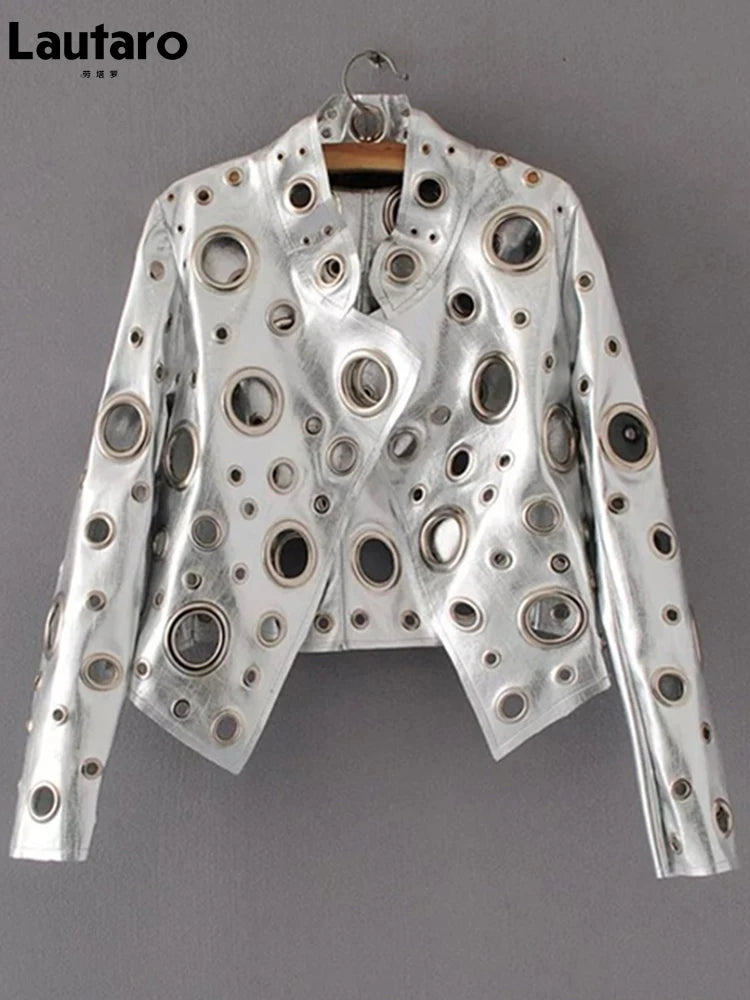 Lautaro Runway Cut Out Short Faux Leather Jacket Golden Rivet Cool Stylish Designer Clothes Women European American Fashion 2022