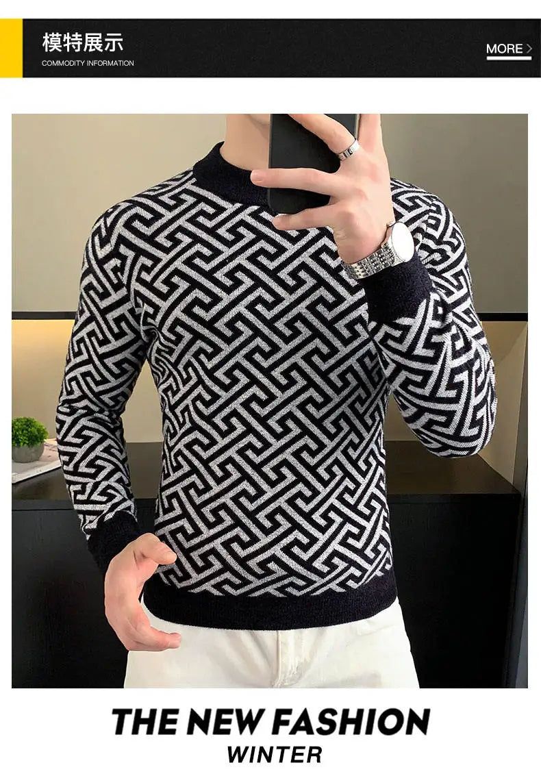 Autumn Winter Velvet Knitted Sweater Men's Long Sleeve Round Necked Sweater Slim Fit Casual Business Knitwear Tops Men Clothing