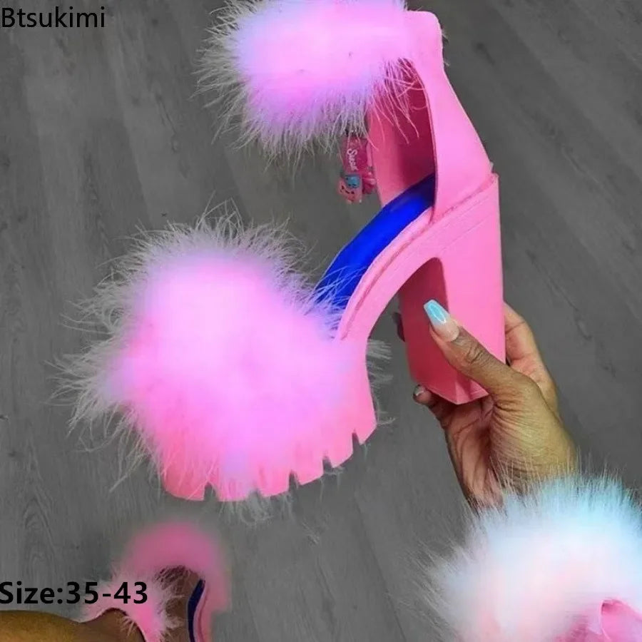 New Women's Summer Sandals Coarse-heeled Fur Rubber Sandals Shoes Women Platform Heels Mary Janes Shoes High Heels Leather Shoes