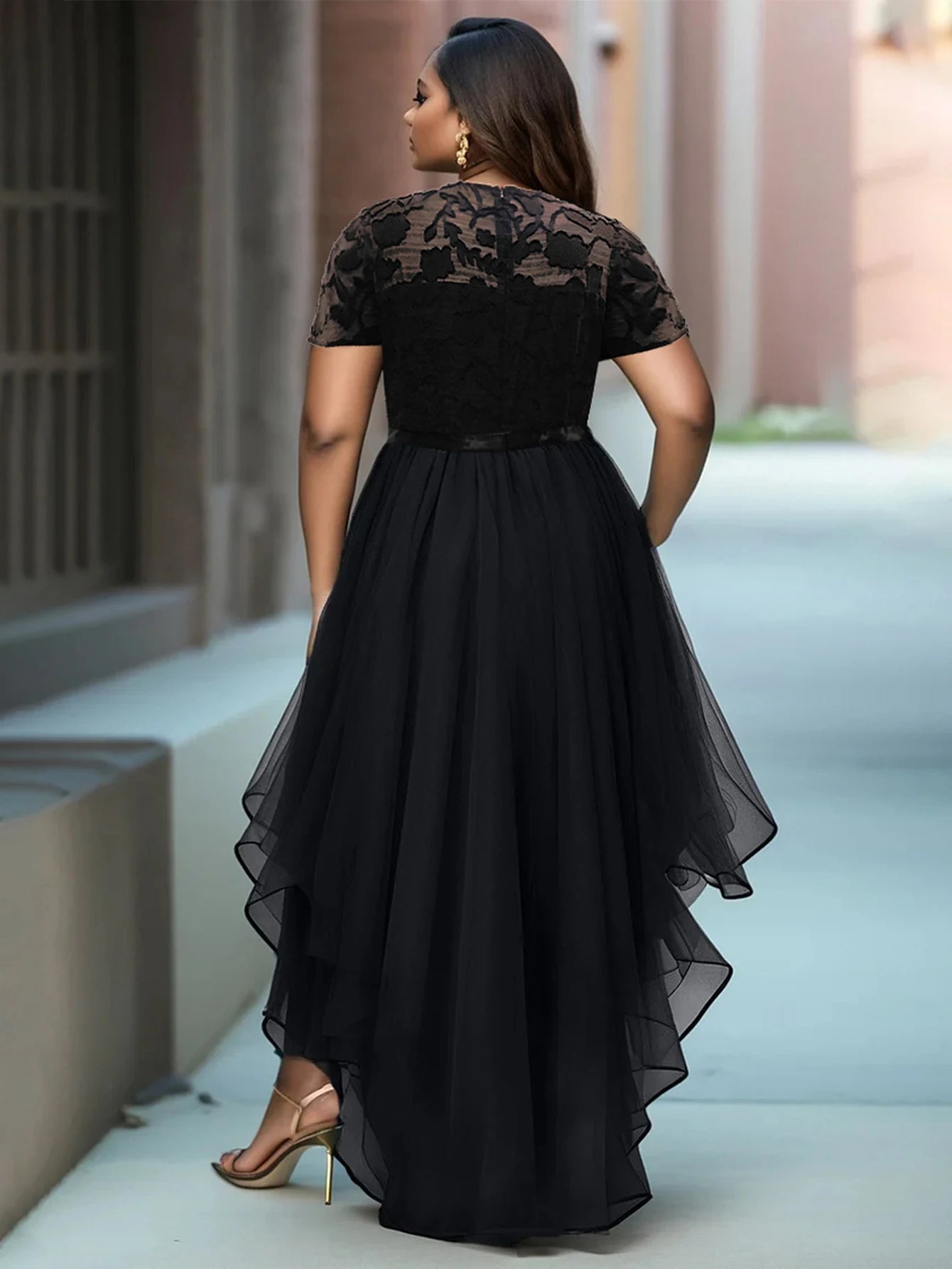 Women Plus Size Lace Patchwork Dress Short Sleeve Irregular Hem Elegant Sheer See Through Party Cocktail Evening Long Dresses