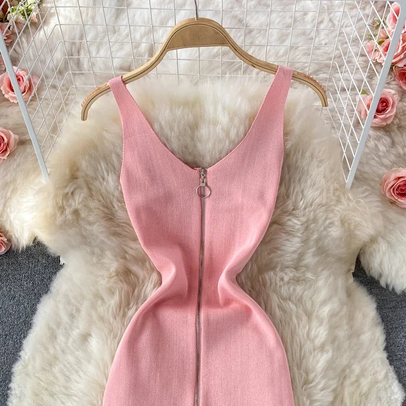 Zipple  2023 Sexy Summer Knit Strap Dress Women Tank Elatic Waist Bodycon Sundress Female Beach Split Backless Midi Dress