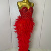 Stock 2025 Women Sexy Sparkly Rhinestone Mesh Feather Long Dress Elegant Evening Party Celebrate Birthday Performance Costume