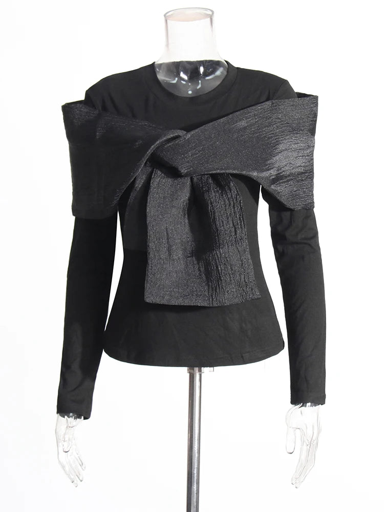 TWOTWINSTYLE Solid Spliced Bowknot T Shirt For Women O Neck Long Sleeve Patchwork Mesh Casual Temperament T Shirts Female Style