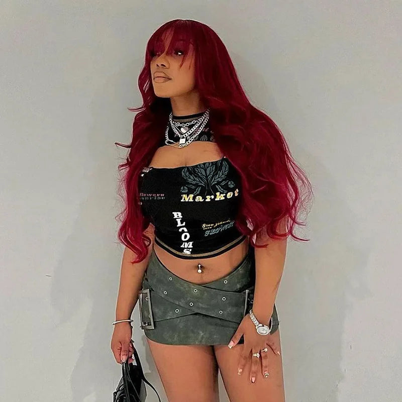 Hollow Out Crop Top Women O-Neck Aesthetic Clothes Letter Printed Y2k Accessories Short Sleeve Roupas Femininas Estilosas Summer