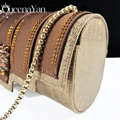 Spot Goods Italian Fashion Women Heels Elegant Color Block Design Brown Shoes And Bag Full Rhinestone Party Bag