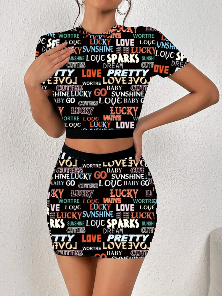 All-over printed elastic waist skirt and T-shirt two-piece set