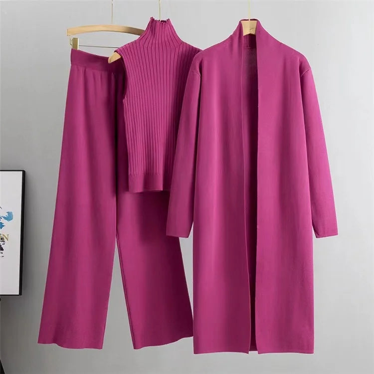 2024 New Autumn 3 Piece Women Cardigan Tracksuits Fashion Knitted Pant Set Winter Ladies Solid Sweater Suit Vintage Fashion
