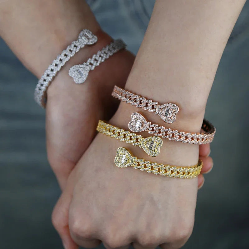 Iced Out Cuff Bangle Paved Setting Bling Cz Cubic Zirconia Wrist Cuban Chain Link Bracelets Fashion Hip Hop Jewelry for Women