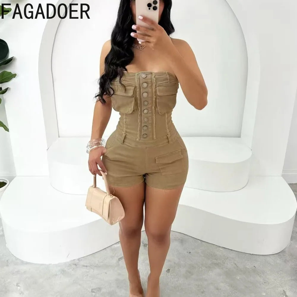 FAGADOER Spring Summer New Sexy Backless Rompers for Women Solid Pocket Cargo Patchwork Jumpsuits Female Streetwear Overalls