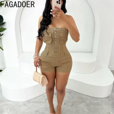 FAGADOER Spring Summer New Sexy Backless Rompers for Women Solid Pocket Cargo Patchwork Jumpsuits Female Streetwear Overalls