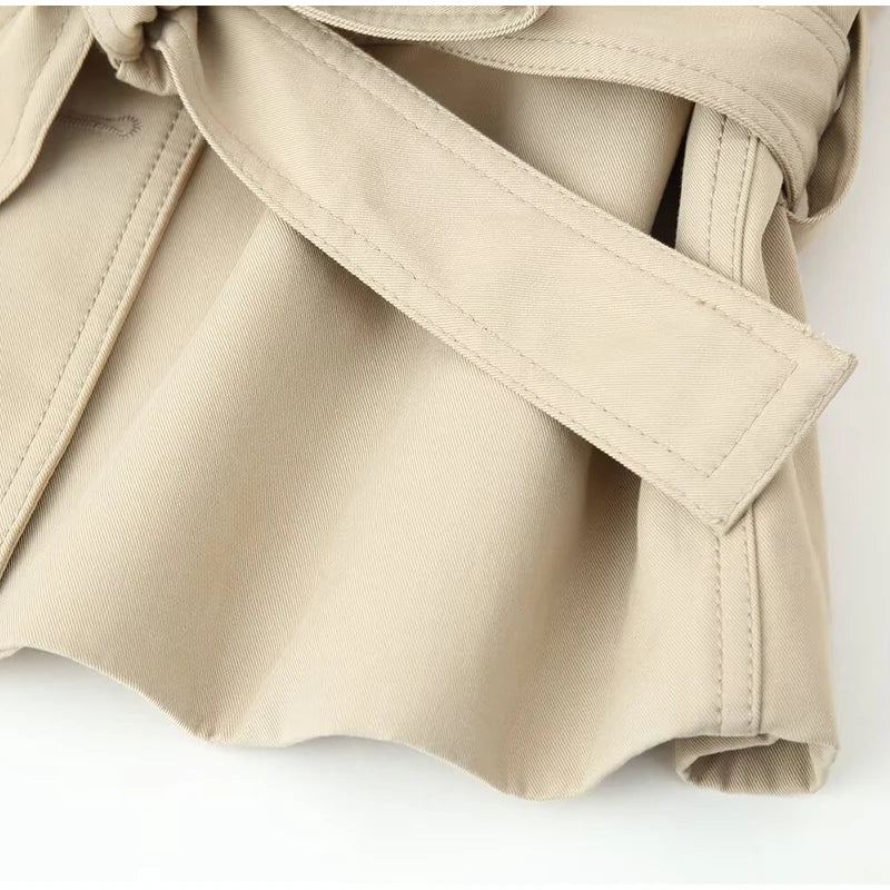 Fashion Belt Short Trench Coat Women Stand Collar Double Breasted Pocket Long Sleeve Coats 2025 Autumn Lady Commute Chic Outwear