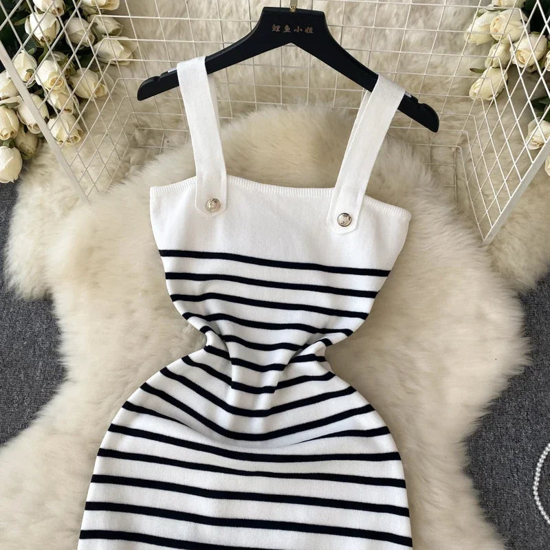 Striple 2024 Sexy Summer Knit Strap Dress Women Tank Elatic Waist Bodycon Sundress Female Beach  Backless Midi Dress