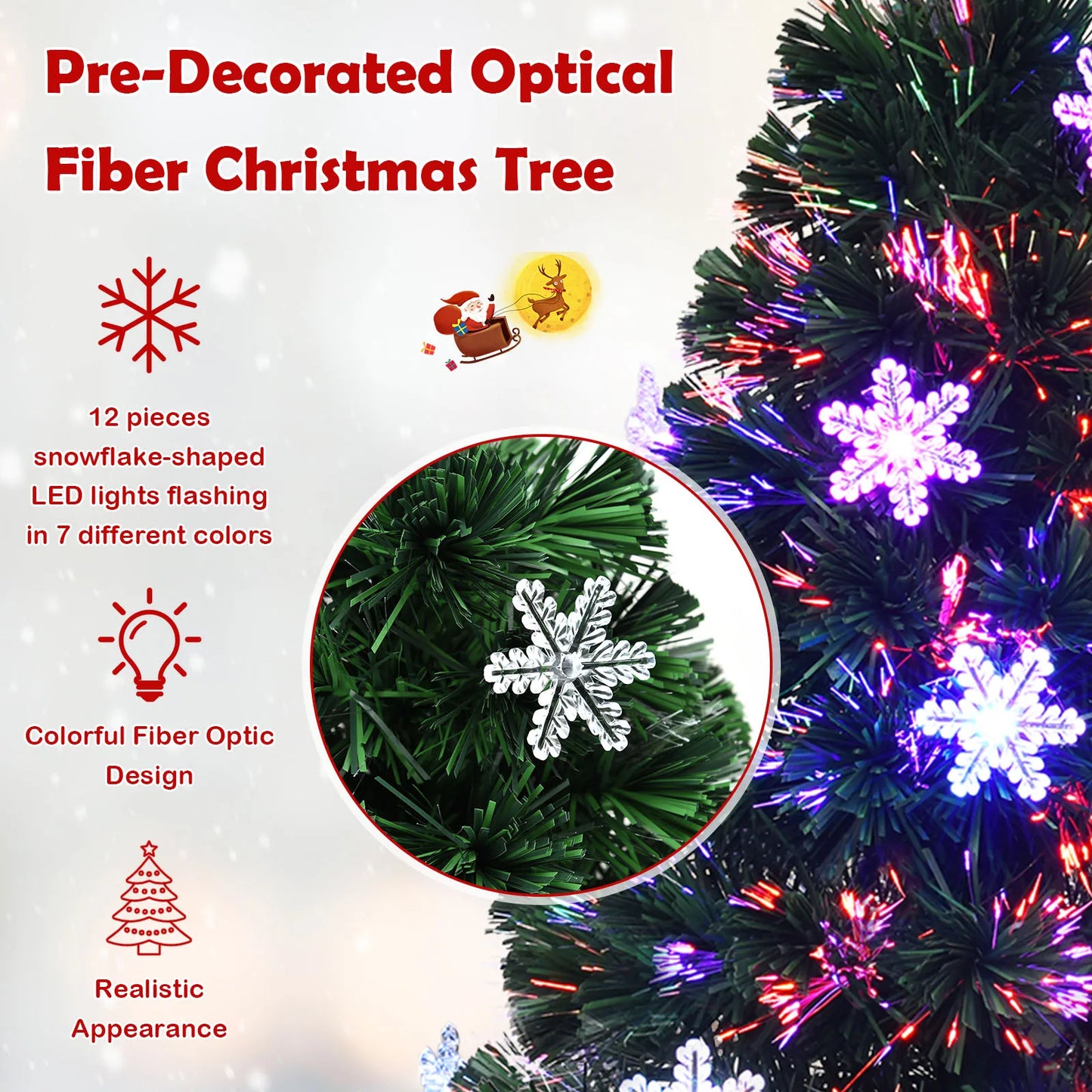 3/ 4/ 5/ 6 FT Fiber Optic Artificial Christmas Tree Pre-Lit Christmas Tree, Xmas Full Tree, Xmas Holiday Decor for Office, Home