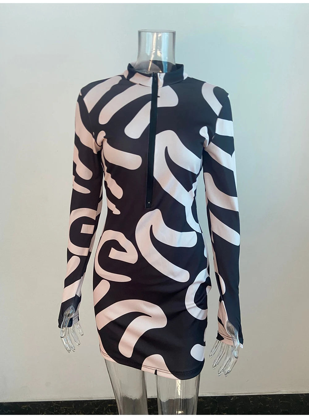 Sexy Long Sleeve Bodycon Mini Dress Women Autumn 2023 Fashion Deep V Neck Print Club Outfits Party Dresses Casual Robe Femme