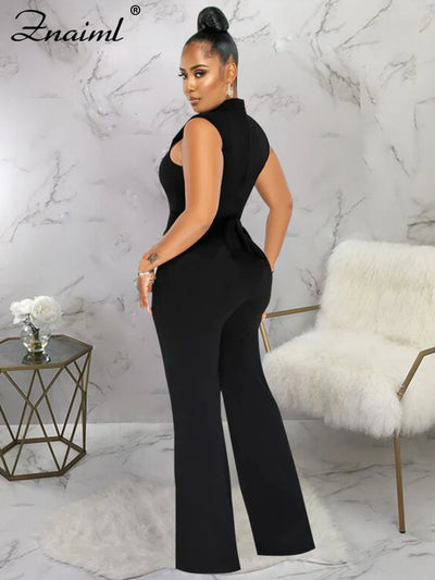 Znaiml Office Lady Jumpsuit High Waist Elegant Black One Pieces Chain Short Sleeve Straight Wide Leg Romper Birthday Overalls