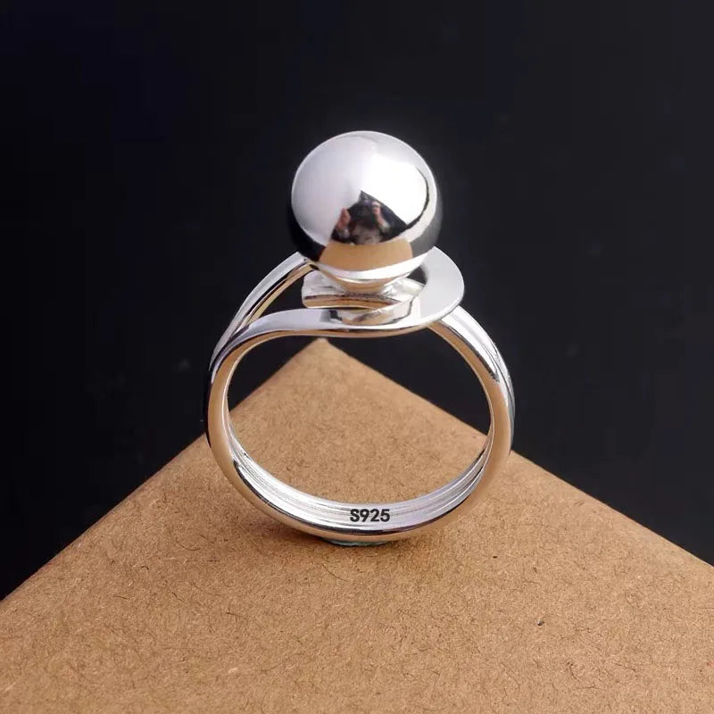 925 Sterling Silver Simple Ring For Women Fine Jewelry Finger Adjustable Open Vintage Big Ball Ring For Party Birthday Gift