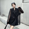 Fashion Hollow Out Mesh Patchwork Blazer for Women Y2K Korean Chic Net Long Sleeves Loose Black Coat Gothic Casual Suit Jacket