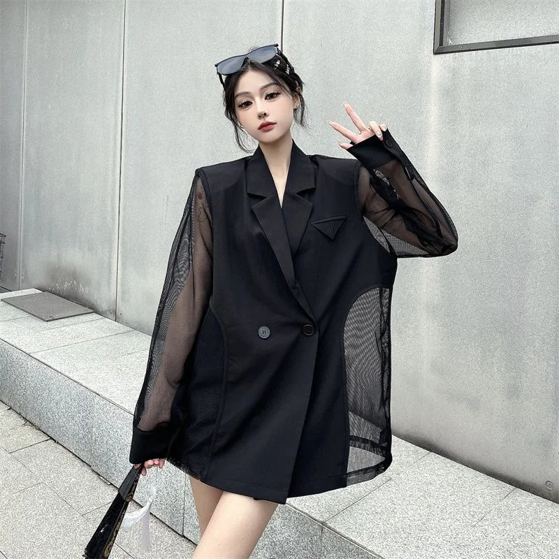 Fashion Hollow Out Mesh Patchwork Blazer for Women Y2K Korean Chic Net Long Sleeves Loose Black Coat Gothic Casual Suit Jacket