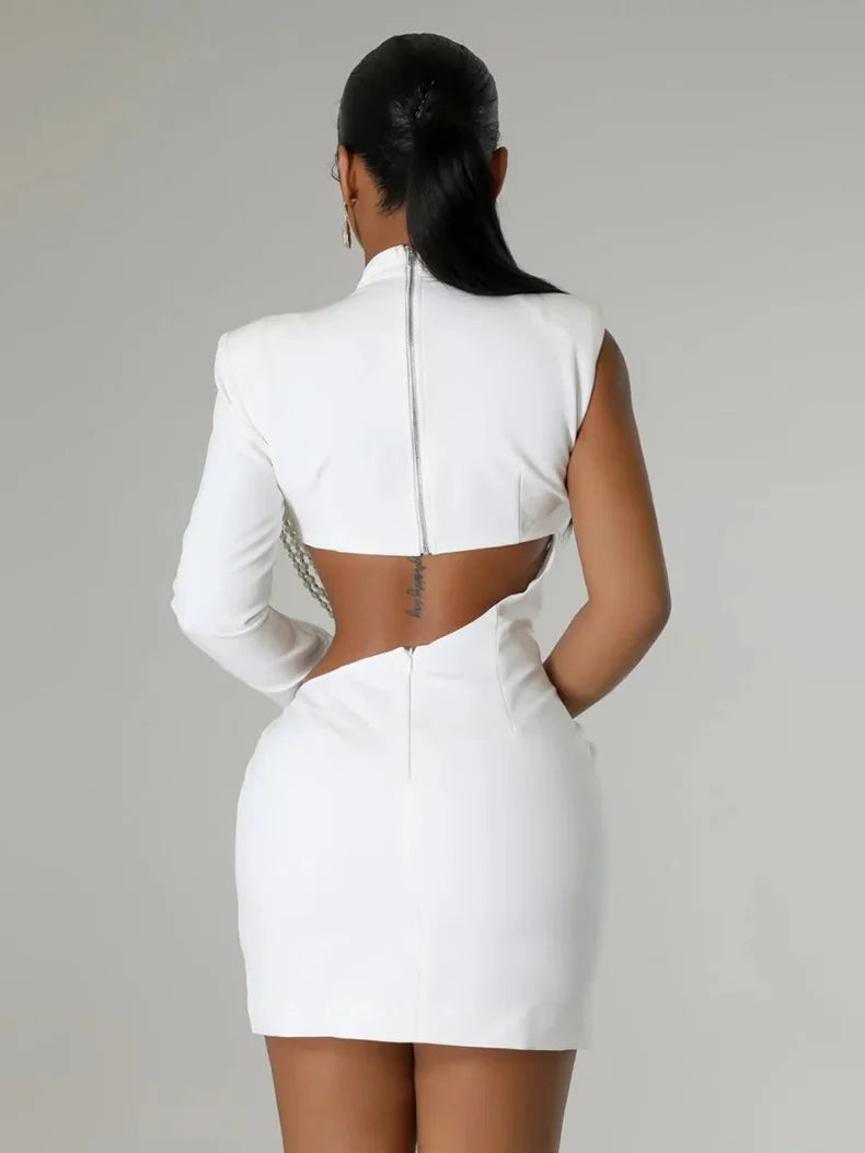 Fashiona sexy women's slim fit solid color one shoulder elegant dress pearl string party half high neck hip hugging mini dress