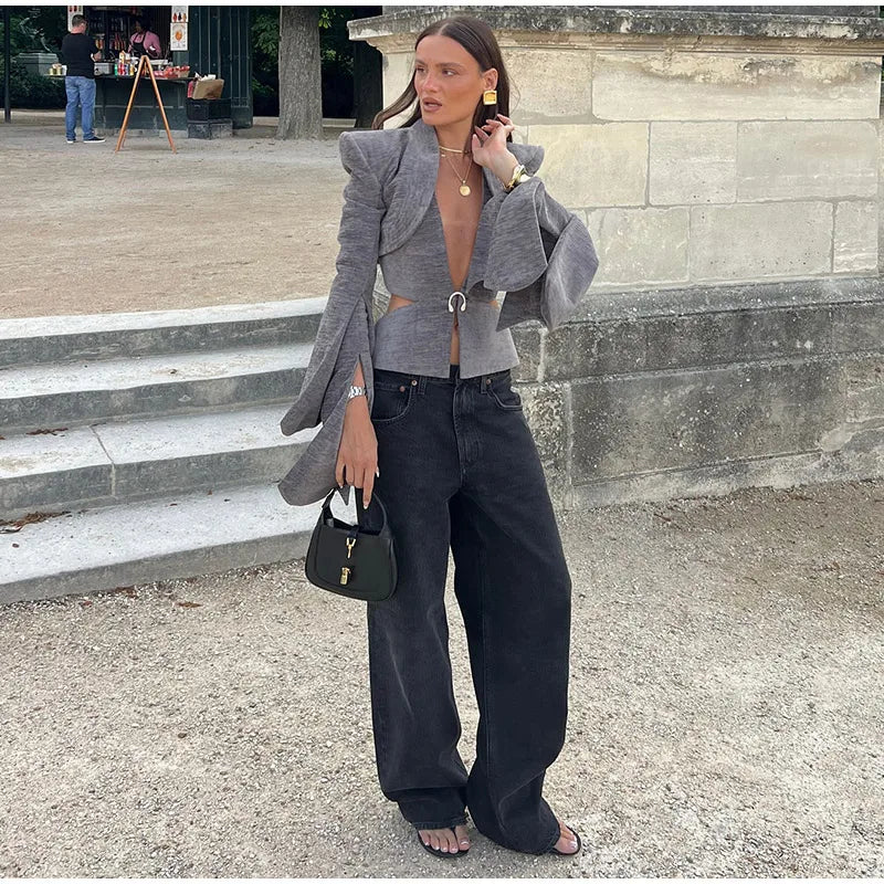 Sexy Deep V-neck Woolen Jackets Women's Hollow Up Waist Split Flare Long Sleeves Metal Buckle Coat High Street Fashion Jacket