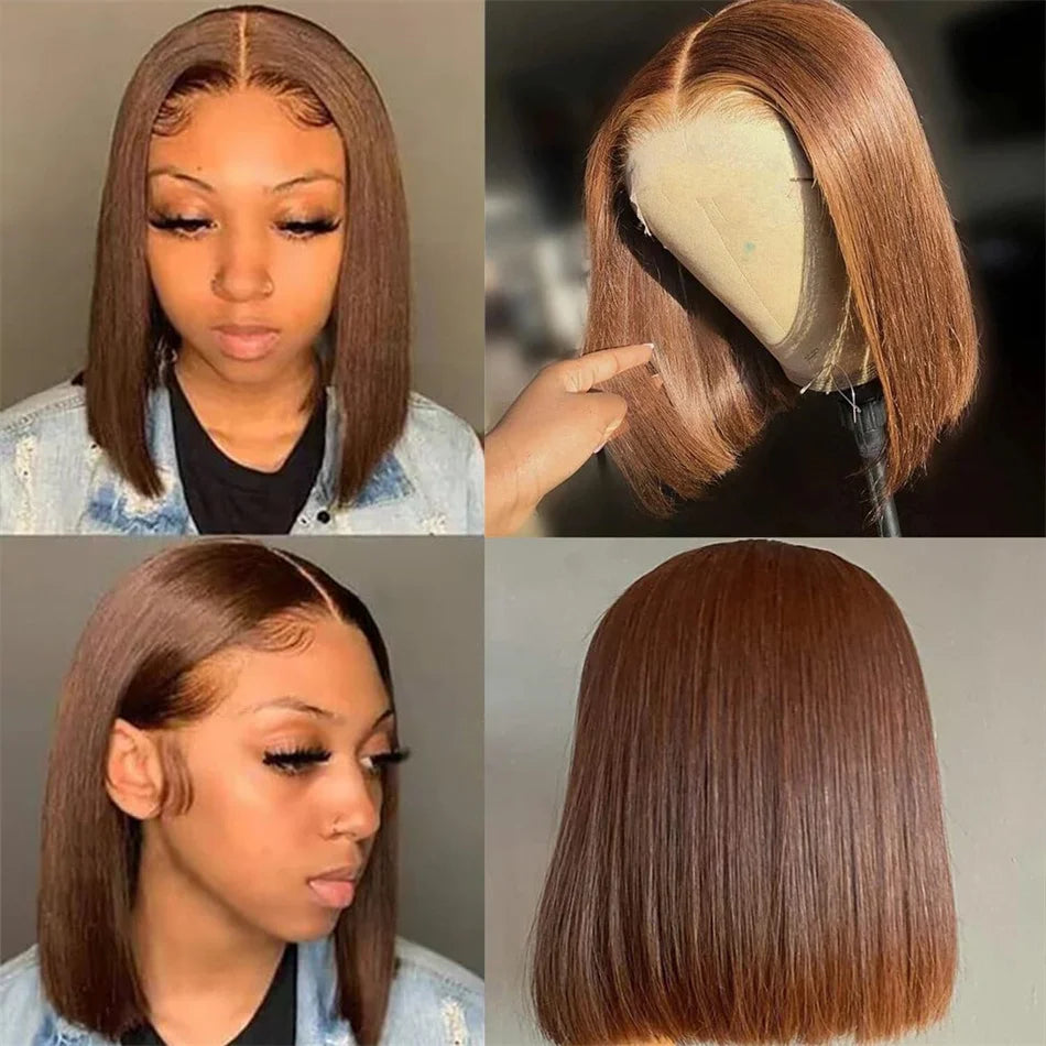 12A Double Drawn 210% Density Bone Straight Hair Bob Wig 13x4 Lace Front Wig 10-16 Inches Chocolate Brown Human Hair Wig
