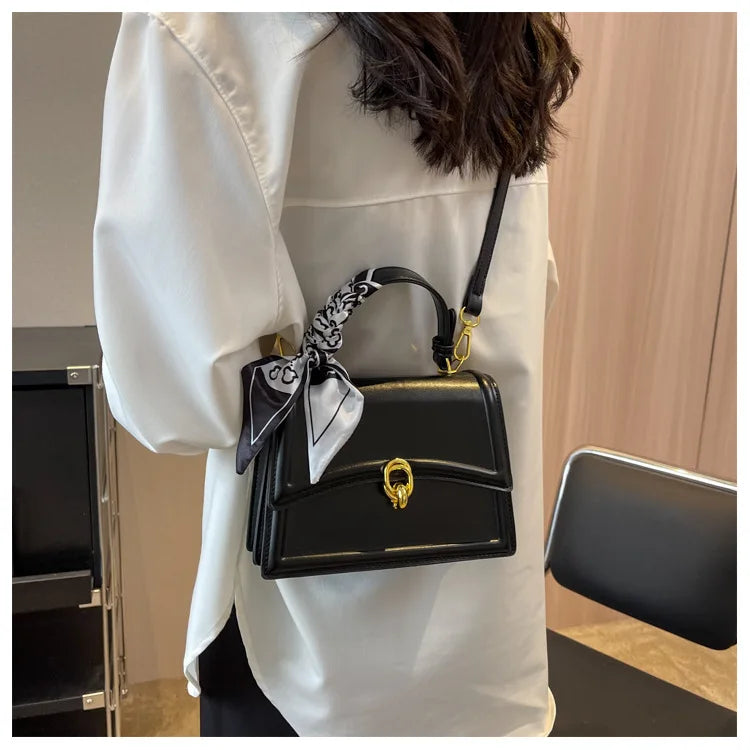 Bow Decor Lightweight Flap Bag, Business Casual Mini Women's Shoulder Bag Skinny Scarf Decor Square Bag For Teen Girls Women
