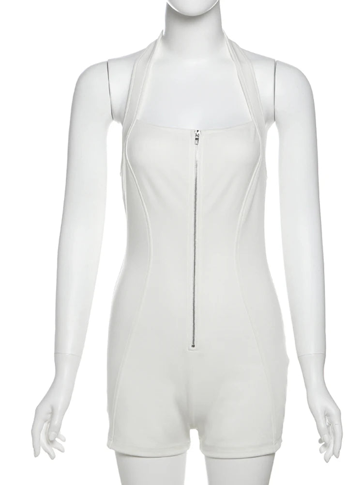 Weird Puss Zip Halter Romper Women  2025 Summer Stretch Fitness Sporty Hipster Backless Sleeveless Playsuit Casual Trend Outfits