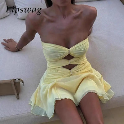Female Solid Pleat Party Dress Women High Street Cocktail Mini Dress Sexy 2025 Strapless Night Club Hollow Backless Mini Dress