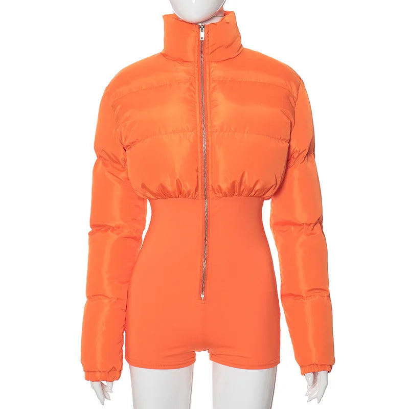 Leosoxs Fashion Women Long Sleeve Zipper Fly Turn-down Collar Parkas Patchwork Jumpsuit 2024 INS Playsuit One Piece Suit Romper