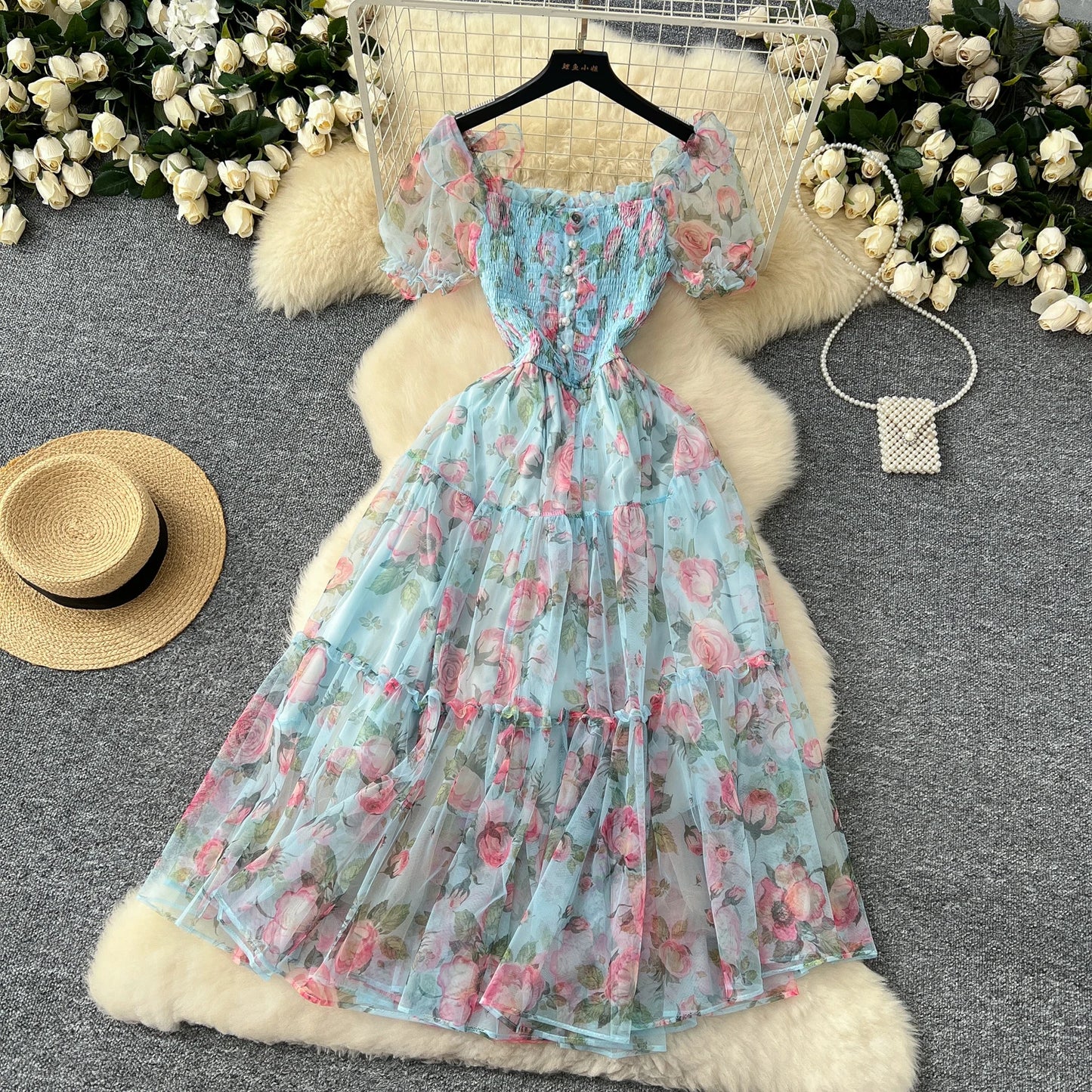 Elegant Slash Neck Vintage Short Puff Sleeve Chic Print Slim Chiffon Dresses French High Street Evening Autumn Mesh Clothing