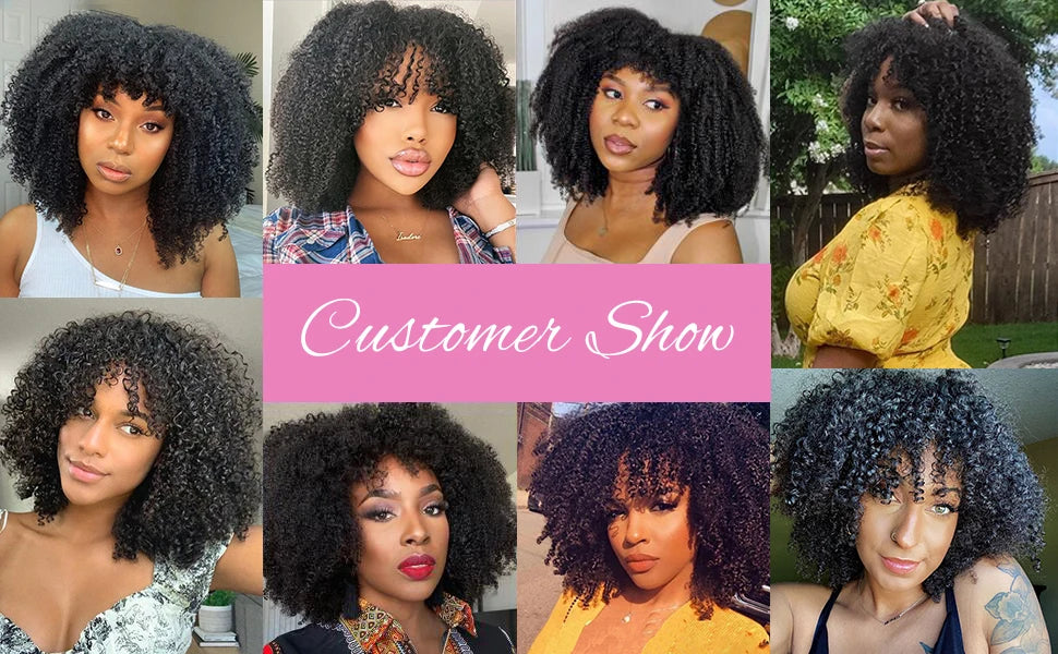 Afro Kinky Curly Wigs with Bangs 250% Density Brazilian Remy Human Hair Full Machine Made Wigs Short Afro Curly Wigs For Women