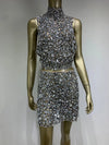 Sparkling Rhinestone Sexy Halter Backless Two-Pieces Set Birthday Evening Party Celebrate Stage Costume Nightclub Gown Dress