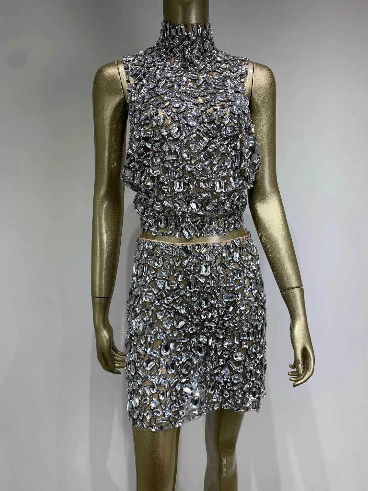 Sparkling Rhinestone Sexy Halter Backless Two-Pieces Set Birthday Evening Party Celebrate Stage Costume Nightclub Gown Dress