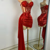 Sparkly Red Diamonds Asymmetrical Two Pieces Dress Design 2025 Women Sexy Strapless Top Skirt Suits Dance Performance Outfit
