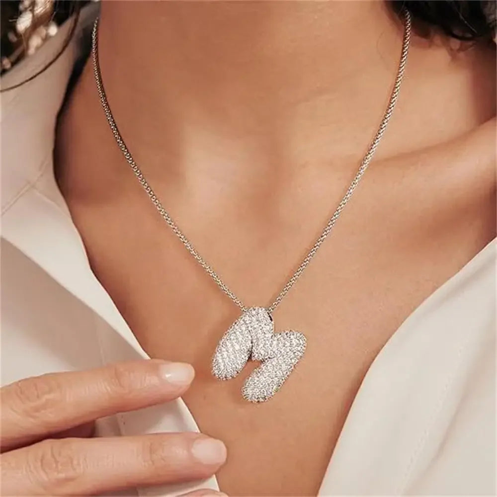 18K Gold Plated Waterproof Thick Bubble Alphabet Letter Clavicle Choker Necklace Sparkling Rhinestone Balloon Initial Jewelry