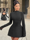 BKQU Elegant Off Shoulder Long Sleeve Mini Dress Women Sexy Strapless Backless Slim A-Line Short Dress Lady Chic Party Vestidos