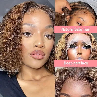 4/27 Deep Water Wave Short Bob Wigs Highlight Curly 13x4 Lace Front Wig Brazilian 100% Real Human Hair Wig Ombre Brown Short Wig