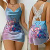 Summer fashion sexy women's casual nightdress dress suspenders Stitch print casual U-neck lace butterfly backless pajamas women