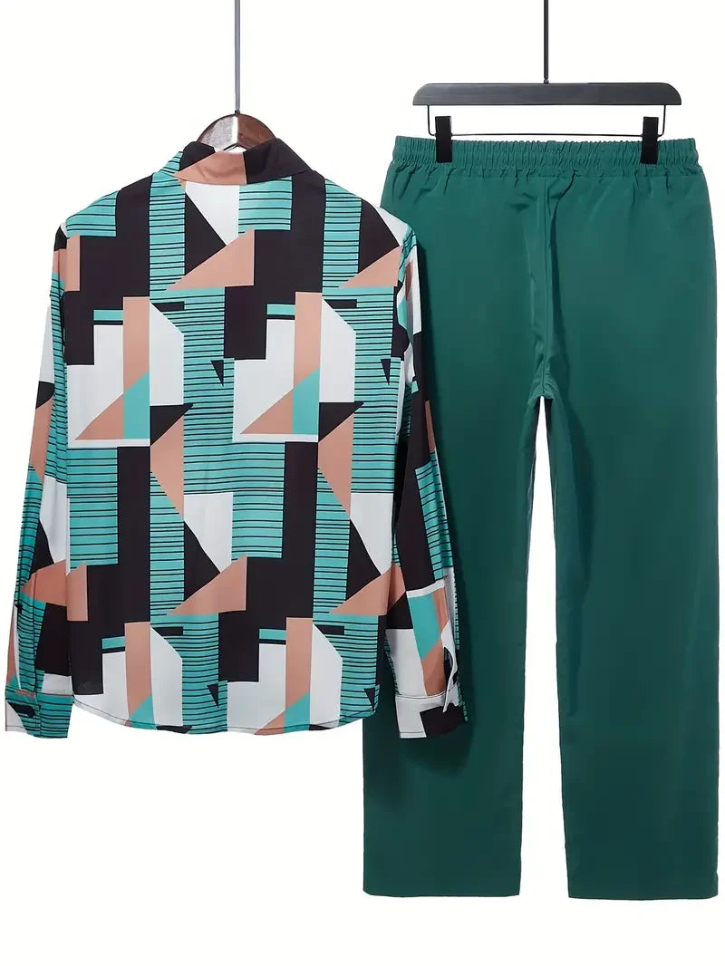 Long Sleeve Shirt Set Men's Geometric 3D Printed Button-up Shirt And Pants Set Men's And Women's Stylish Casual Simple Suit