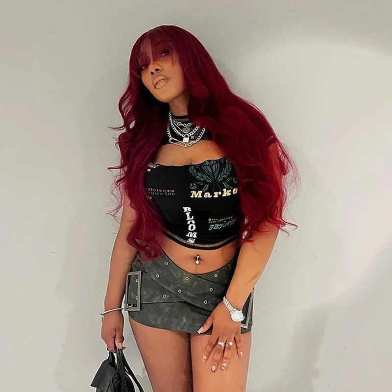 Hollow Out Crop Top Women O-Neck Aesthetic Clothes Letter Printed Y2k Accessories Short Sleeve Roupas Femininas Estilosas Summer