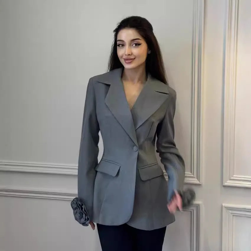 Spring Autumn Women 3D Flowers Long Sleeve Blazer Coat Chic Turn Down Collar Floral Suits Jacket Slim Waist Fit OL Cardigan Tops