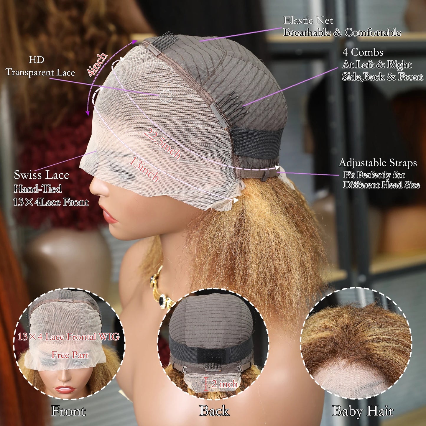 Highlight Ombre Lace Front Wig Human Hair Pre Plucked 13x4 colored 4/27 250%Density Honey Blonde Kinky Straight Lace Wigs