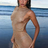 kliou Shiny Long Dress Stunning Women Solid Summer Thin Mesh Sheer Backless Sleeveless Bodycon Female Elegant Fashion Vestidos
