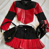 Y2K Womens Street Clothing Heart shaped Leather Clothing Two Punk Jacket Cut Denim Patchwork Retro Pleated Mini Skirt Jacket Set