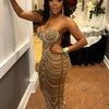 New Luxury Sparkly Crystal Rhinestone Pearl Celebrities Gown Brown Dress Woman Strap Evening Party Birthday Prom Wedding Vestido