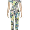 Joskaa Colorful Print Sporty Jumpsuit Women Hipster O-Neck Short Sleeve Skinny Rompers 2025 Summer Fashion Overalls Streetwear