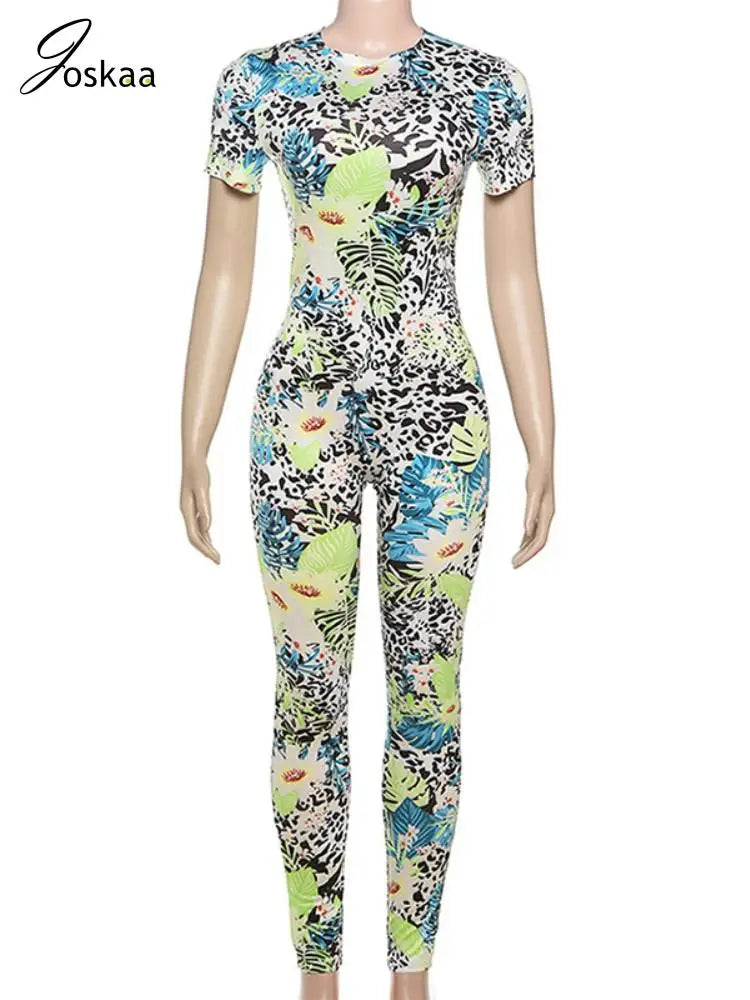 Joskaa Colorful Print Sporty Jumpsuit Women Hipster O-Neck Short Sleeve Skinny Rompers 2025 Summer Fashion Overalls Streetwear