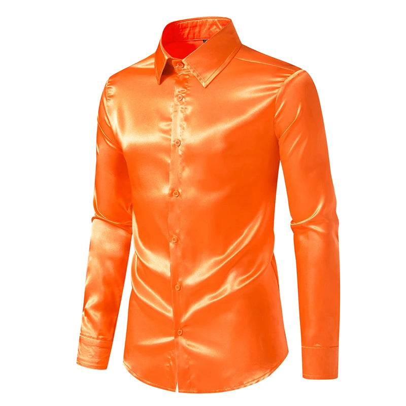 Men's Black Satin Luxury Dress Shirts Fashion Silk Smooth Tuxedo Shirt Solid Wedding Party Prom Casual Shirt Business Office